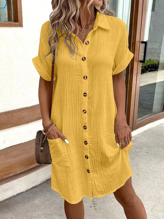 Women'S Summer Mini Dress Short Sleeve Lapel Collar Button Pocket Dress Fashion Shirt Dress