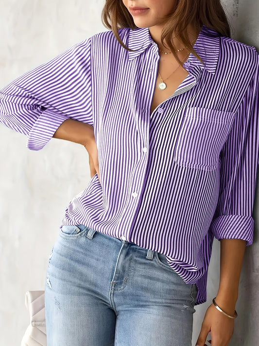 Striped Print Button Front Shirt, Casual Collared Long Sleeve Shirt With Pocket, Women's Clothing