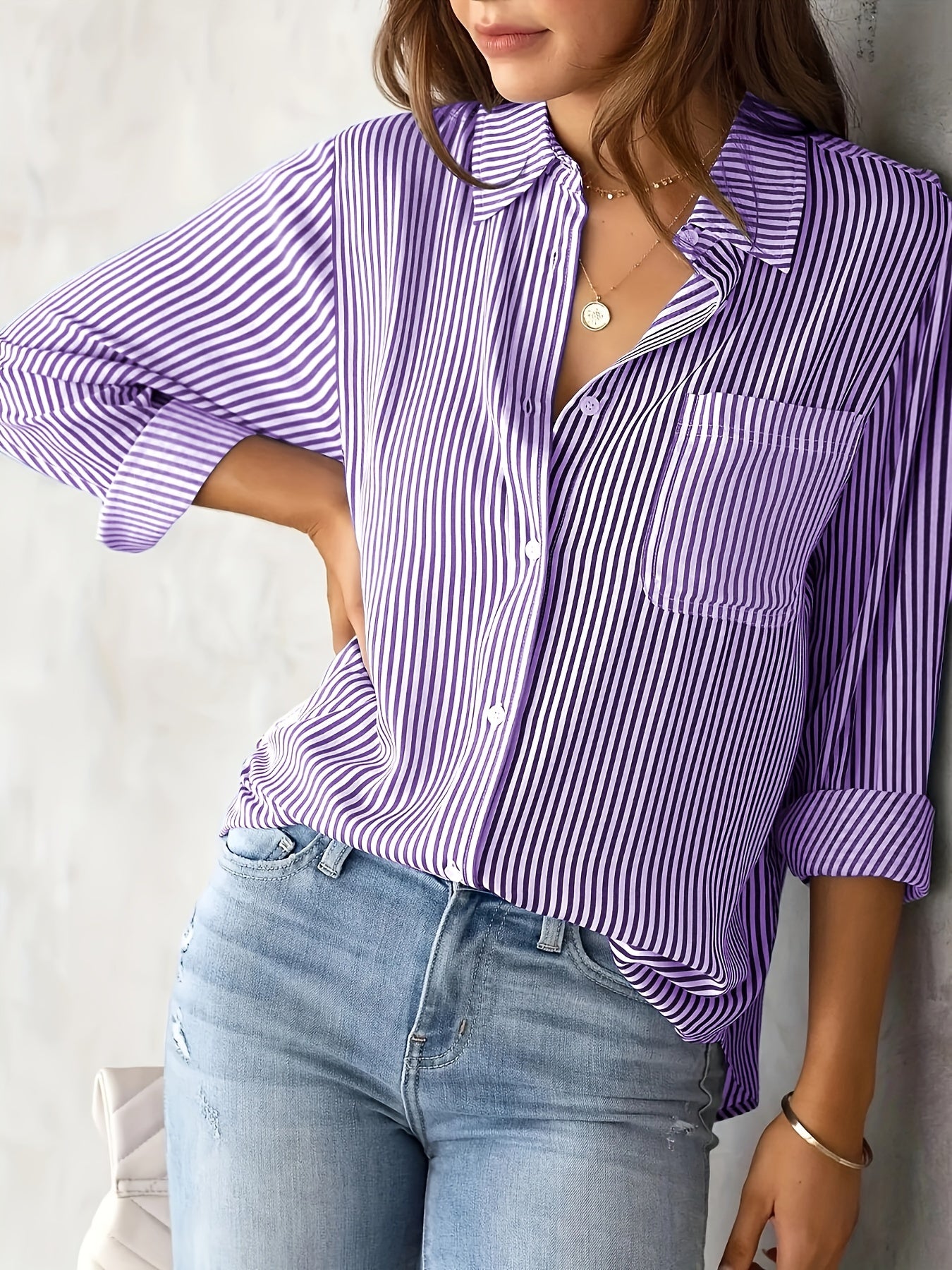 Striped Print Button Front Shirt, Casual Collared Long Sleeve Shirt With Pocket, Women's Clothing
